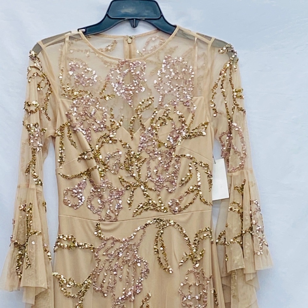 Aidan Mattox beaded gold 3/4 ruffle bell sleeve long gown - Picture 5 of 16